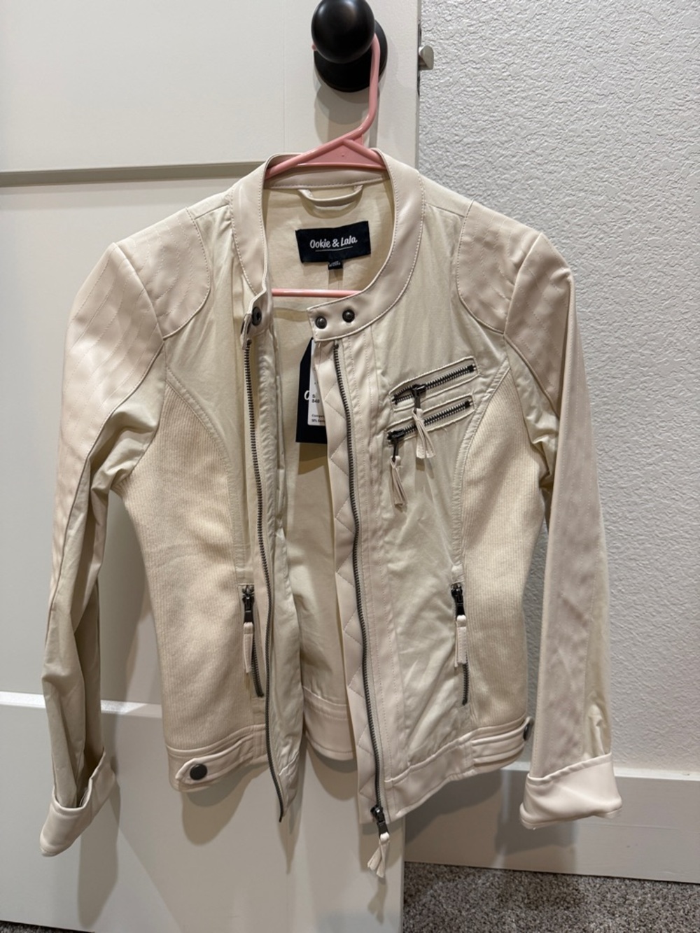 Cream Moto-Style Faux Leather Jacket Small